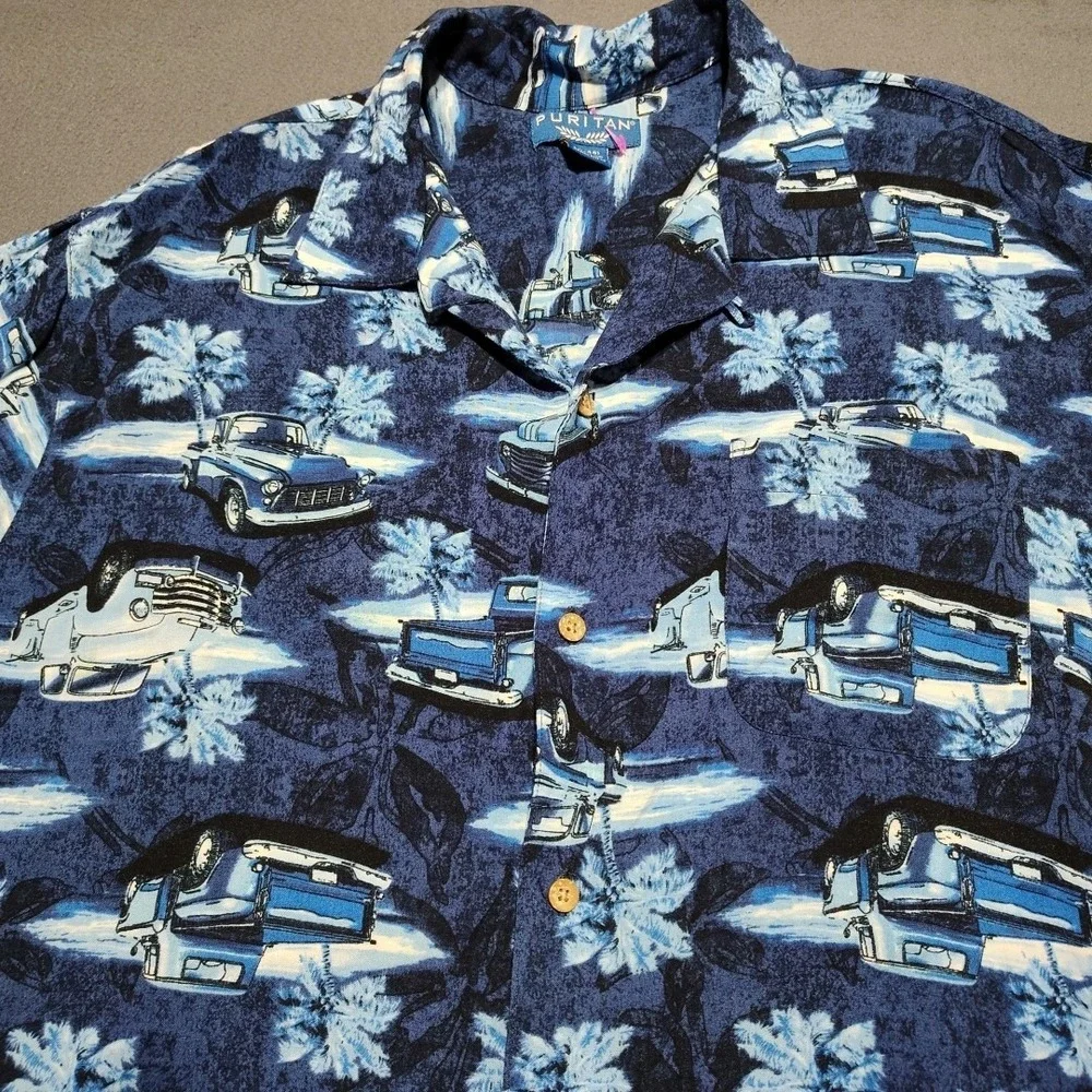 Puritan Shirt Men‎ L (42-44) Blue Vintage Trucks Rayon Island Vacation Relaxed
